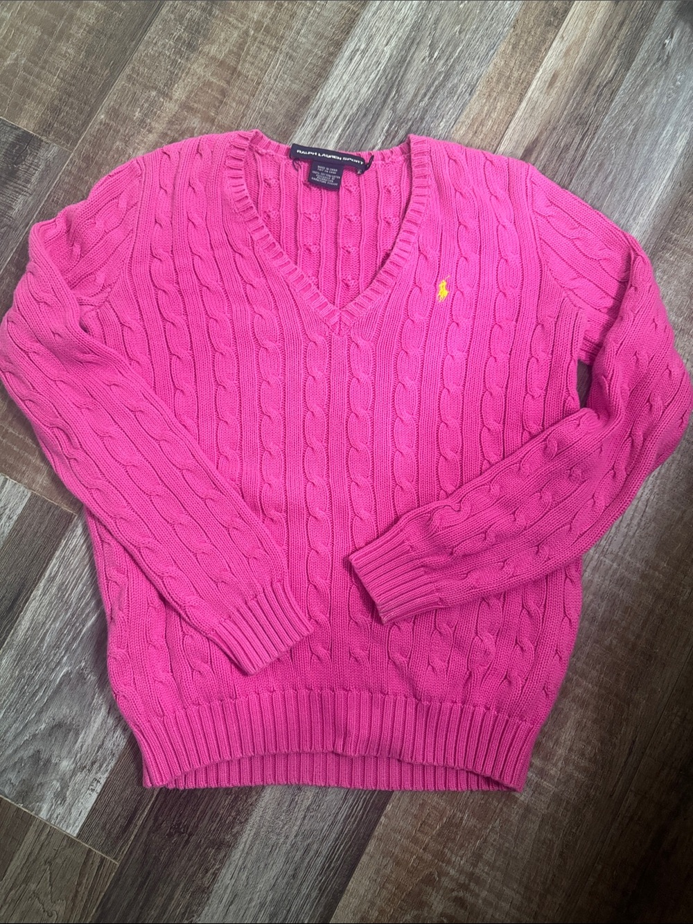 Ralph Lauren Cable-knit V Neck Hot Pink Sweater, size M